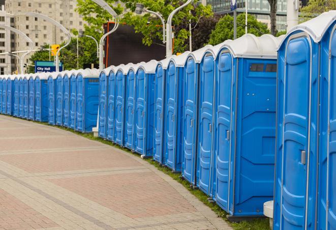 a line of portable restrooms set up for a wedding or special event, ensuring guests have access to comfortable and clean facilities throughout the duration of the celebration in Enoree, SC